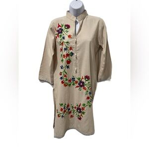 Pacific Linen crewel embroidery beaded Louis Vuitton edge trim slit side dress S